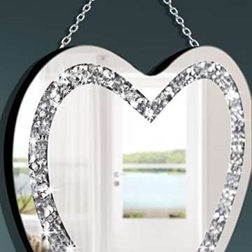DMDFIRST Crystal Crush Diamond Heart Shaped Silver Mirror with Silver Stainless Steel Chain for Wall Decoration 12x12x0.5 inch Wall Hang Frameless, Glass, Glam Mirror