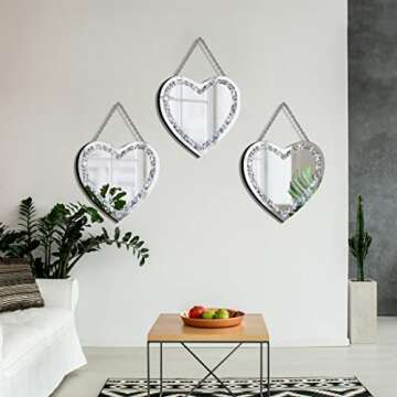 DMDFIRST Crystal Crush Diamond Heart Shaped Silver Mirror with Silver Stainless Steel Chain for Wall Decoration 12x12x0.5 inch Wall Hang Frameless, Glass, Glam Mirror