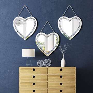 DMDFIRST Crystal Crush Diamond Heart Shaped Silver Mirror with Silver Stainless Steel Chain for Wall Decoration 12x12x0.5 inch Wall Hang Frameless, Glass, Glam Mirror