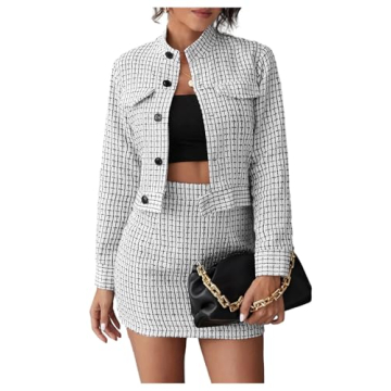 Sophisticated SweatyRocks Women's Tweed Blazer and Skirt Suit Set for Stylish Professionals