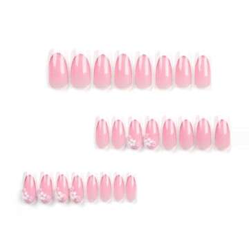 Foccna Press on Nails Long Rhinestone Pink Fake Nails Black Nails Square Bling Glossy 3D Flower Fals...