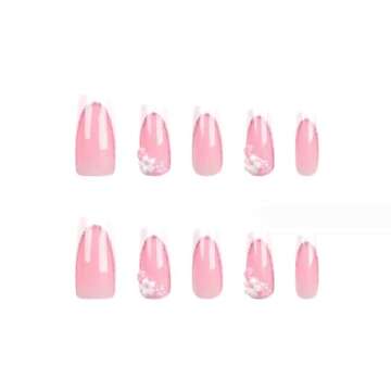 Foccna Press on Nails Long Rhinestone Pink Fake Nails Black Nails Square Bling Glossy 3D Flower False Nail Tips Artificial Nails Finger Manicure for Women and Girls-24pcs (Long Nails 5)