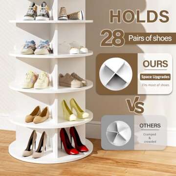 Rosedate Rotating Shoe Rack Tower, 7-Tier Spinning Shoe Rack, Free Standing 360° Revolving Shoe Organizer, Lazy Susan Shoe Rack for Entryway, Fits 28 Pairs of Shoes (7-Tier White)