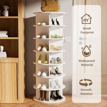 Rosedate Rotating Shoe Rack Tower, 7-Tier Spinning Shoe Rack, Free Standing 360° Revolving Shoe Organizer, Lazy Susan Shoe Rack for Entryway, Fits 28 Pairs of Shoes (7-Tier White)