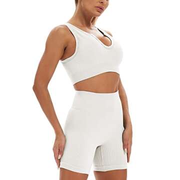 YVYVLOLO Workout Sets for Women 2 Piece Seamless Ribbed Sports Bra High Waist Yoga Shorts Outfits(Y429-Beige-M)