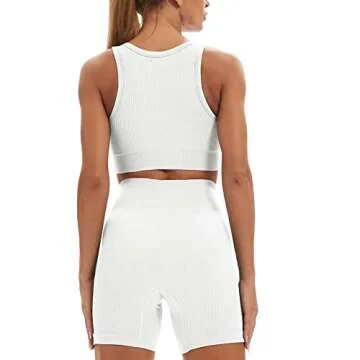 YVYVLOLO Workout Sets for Women 2 Piece Seamless Ribbed Sports Bra High Waist Yoga Shorts Outfits(Y429-Beige-M)
