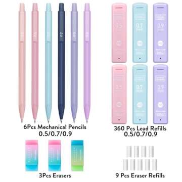 Four Candies Cute Mechanical Pencil Set, 6PCS Pastel Mechanical Pencils 0.5 mm & 0.7mm & 0.9mm with 360PCS Leads, 3PCS Erasers and 9PCS Eraser Refills, Aesthetic Pencils for Girls Writing, Art Drawing