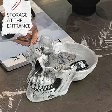 Mrlikale Skull Glasses Stand Holder, Creative Eyeglasses Holder, Sunglasses Spectacle Display Rack, Key Holder Resin Sculptures for Entryway, Home, Office, Desk, Nightstand (Silver)