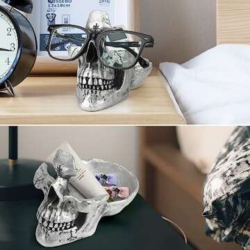 Mrlikale Skull Glasses Stand Holder, Creative Eyeglasses Holder, Sunglasses Spectacle Display Rack, Key Holder Resin Sculptures for Entryway, Home, Office, Desk, Nightstand (Silver)