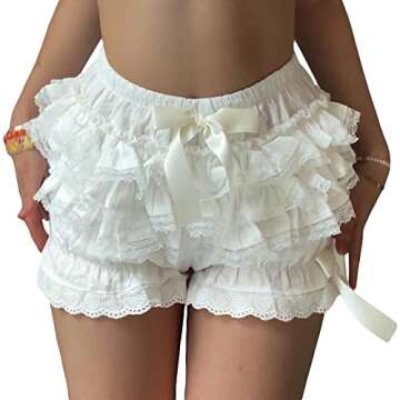 Womens Lolita Bloomers Cute Lace Layered Ruffle Shorts Steampunk Maid Pumpkin Pants Bottom Shorts Pants (A lace Trim White, S)