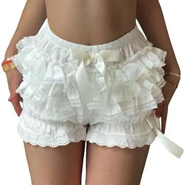 Womens Lolita Bloomers Cute Lace Layered Ruffle Shorts Steampunk Maid Pumpkin Pants Bottom Shorts Pants (A lace Trim White, S)