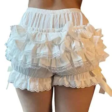 Womens Lolita Bloomers Cute Lace Layered Ruffle Shorts Steampunk Maid Pumpkin Pants Bottom Shorts Pants (A lace Trim White, S)