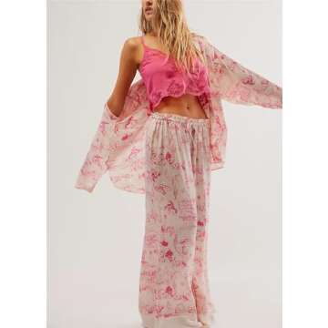 SOOKABEILA Womens Y2k Silk Pajama Sets Floral Print Long Sleeve Button Down Shirts Wide Leg Pants 2 Piece Lounge Sets (Pink,M)