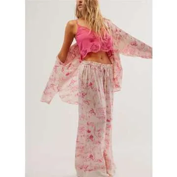 SOOKABEILA Womens Y2k Silk Pajama Sets Floral Print Long Sleeve Button Down Shirts Wide Leg Pants 2 Piece Lounge Sets (Pink,M)