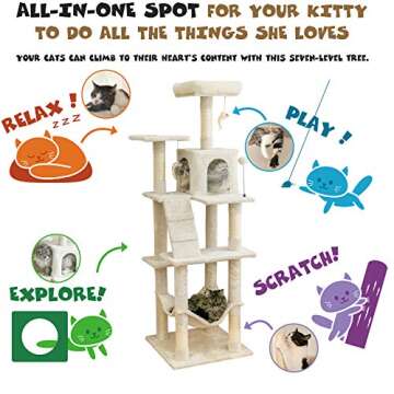 MWPO 63.8 inches Multi-Level Cat Tree for Large Cats with Sisal-Covered Scratching Posts, Padded Platform, Hammock and Condo,Stable Cat Tower Cat Condo Pet Play House-Beige