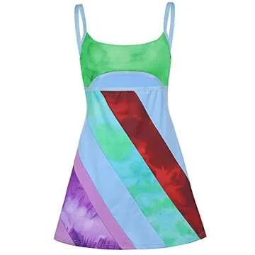 Women’s Bodycon Mini Dress Y2K Halter Backless Sundress Slim Fit Sleeveless Patchwork Printing Streetwear (Green, S)