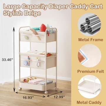 Baby Diaper Caddy, Premium Metal& Felt Movable Cart with Dividers for Newborn Nursery Essentials, La...