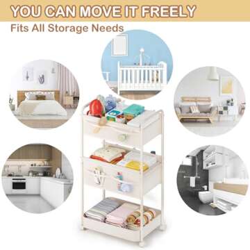 Baby Diaper Caddy, Premium Metal& Felt Movable Cart with Dividers for Newborn Nursery Essentials, Large Capacity Rolling Diaper Storage Caddy Organizer for Changing Table &Crib, Easy Assembly- Beige