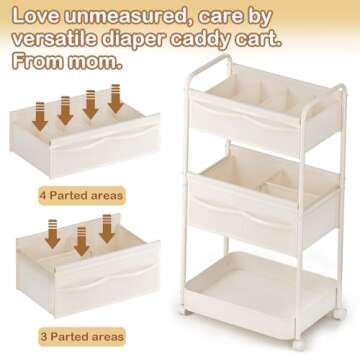 Baby Diaper Caddy, Premium Metal& Felt Movable Cart with Dividers for Newborn Nursery Essentials, Large Capacity Rolling Diaper Storage Caddy Organizer for Changing Table &Crib, Easy Assembly- Beige