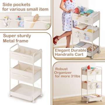 Baby Diaper Caddy, Premium Metal& Felt Movable Cart with Dividers for Newborn Nursery Essentials, Large Capacity Rolling Diaper Storage Caddy Organizer for Changing Table &Crib, Easy Assembly- Beige