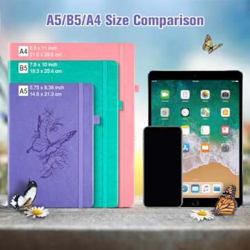 Lined Notebook Journal for Women, 312 Numbered Pages A5 Thick Leather Journal, 100gsm Paper Daily Journal for Work Travel, Hardcover College Ruled Notebook, Giftable Butterfly Floral Notebook, Purple