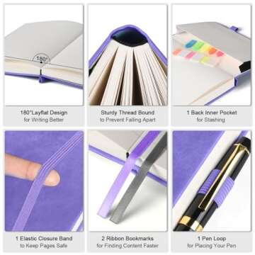 Lined Notebook Journal for Women, 312 Numbered Pages A5 Thick Leather Journal, 100gsm Paper Daily Journal for Work Travel, Hardcover College Ruled Notebook, Giftable Butterfly Floral Notebook, Purple