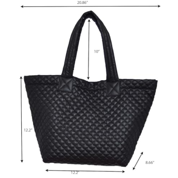 CLARANY Comfortable Lightweight Large Quilted Zipper Tote with Pouch water repellent Black