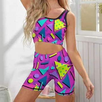 RERERDO Women's Funky 80s 90s 2 Piece Workout Tracksuit Sets, Ribbed Sports Bra Tank Top High Waist Biker Shorts Yoga Gym Outfits