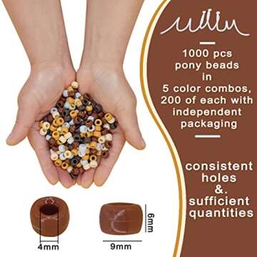 MIIIM 1000PCS 6x9mm Pony Beads Bulk, 5 Styles Brown Pony Beads for Bracelets Making Kit, Kandi, Hair...