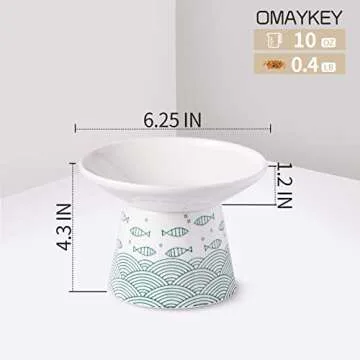 OMAYKEY 6.25 Inch Extra Wide Ceramic Raised Cat Bowls, Elevated Cat Bowls for Food & Water, Wide Shallow Cat Food Dish, Whisker Fatigue, Stress Free, Protect Spine, Black & Green Fish