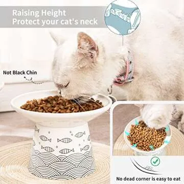 OMAYKEY 6.25 Inch Extra Wide Ceramic Raised Cat Bowls, Elevated Cat Bowls for Food & Water, Wide Shallow Cat Food Dish, Whisker Fatigue, Stress Free, Protect Spine, Black & Green Fish
