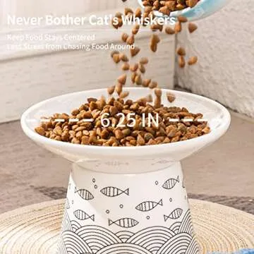 OMAYKEY 6.25 Inch Extra Wide Ceramic Raised Cat Bowls, Elevated Cat Bowls for Food & Water, Wide Shallow Cat Food Dish, Whisker Fatigue, Stress Free, Protect Spine, Black & Green Fish