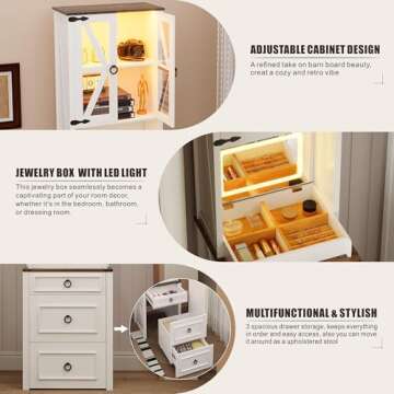 FREDEES Farmhouse Vanity Desk with Mirror,Small Makeup Vanity Set with Customizable Lighting,Compact Makeup Vanity with Hidden Storage and Comfortable Stool,Dressing Table for Bedroom,White