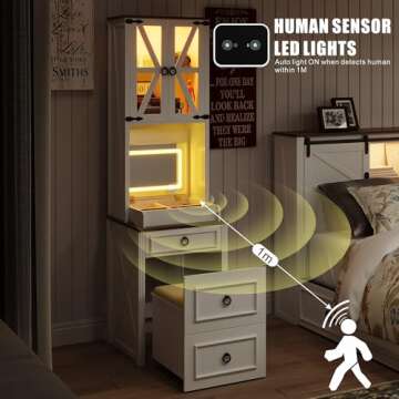 FREDEES Farmhouse Vanity Desk with Mirror,Small Makeup Vanity Set with Customizable Lighting,Compact Makeup Vanity with Hidden Storage and Comfortable Stool,Dressing Table for Bedroom,White