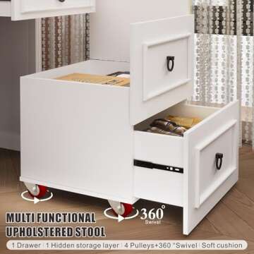 FREDEES Farmhouse Vanity Desk with Mirror,Small Makeup Vanity Set with Customizable Lighting,Compact Makeup Vanity with Hidden Storage and Comfortable Stool,Dressing Table for Bedroom,White