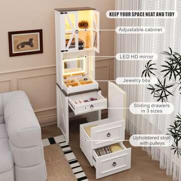 FREDEES Farmhouse Vanity Desk with Mirror,Small Makeup Vanity Set with Customizable Lighting,Compact Makeup Vanity with Hidden Storage and Comfortable Stool,Dressing Table for Bedroom,White