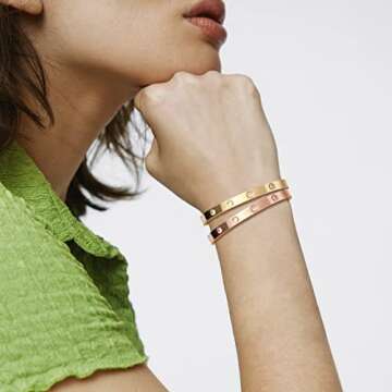 AILPIWE Stainless Steel Bangle Bracelet for Women, Gold Plated Cubic Zirconia Stones Stainless Steel Hinged Jewelry Oval Bangle for Women Men Gifts