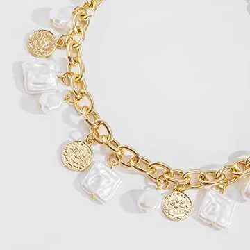 Xerling Coin Pendant Necklace Punk Chunky Chain Irregular Pearl Choker Necklace for Women Personalized Coin Tassel Necklace Boho Cuban Chain Necklace