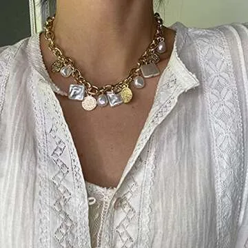 Xerling Coin Pendant Necklace Punk Chunky Chain Irregular Pearl Choker Necklace for Women Personalized Coin Tassel Necklace Boho Cuban Chain Necklace