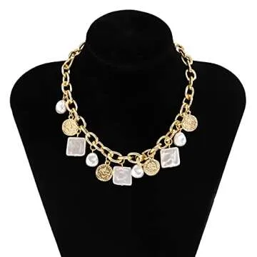 Xerling Coin Pendant Necklace Punk Chunky Chain Irregular Pearl Choker Necklace for Women Personalized Coin Tassel Necklace Boho Cuban Chain Necklace