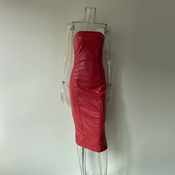 XLLAIS Women Red Faux Leather Strapless Midi Dress
