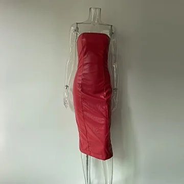 XLLAIS Women Red Faux Leather Strapless Midi Dress