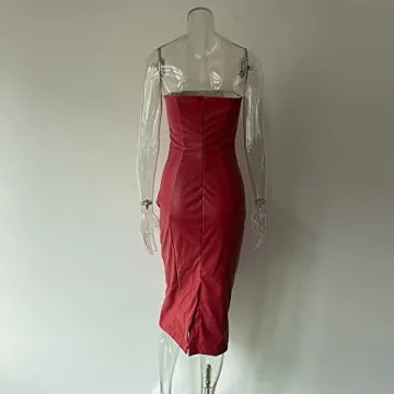 XLLAIS Women Red Faux Leather Strapless Midi Dress