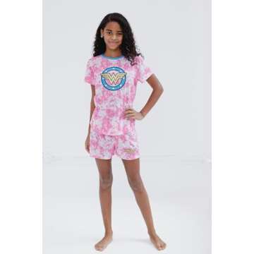 DC Comics Justice League Wonder Woman Little Girls Pajama Shirt and Shorts Tie Dye Pink 5-6