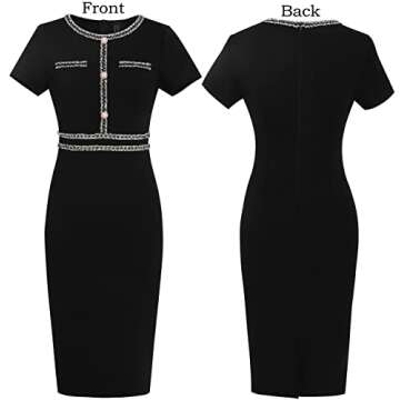 VFSHOW Womens Black Button Tweed-Trimed Crew Neck Slim Wear to Work Office Party Bodycon Pencil Dress 8998 BLK S