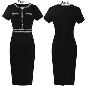 VFSHOW Womens Black Button Tweed-Trimed Crew Neck Slim Wear to Work Office Party Bodycon Pencil Dress 8998 BLK S