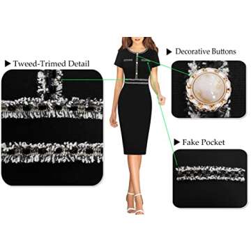 VFSHOW Womens Black Button Tweed-Trimed Crew Neck Slim Wear to Work Office Party Bodycon Pencil Dress 8998 BLK S