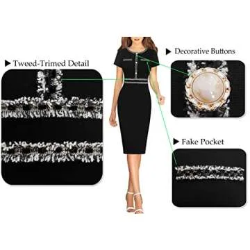 VFSHOW Womens Black Button Tweed-Trimed Crew Neck Slim Wear to Work Office Party Bodycon Pencil Dress 8998 BLK S