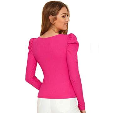Floerns Women's Casual Notch V Neck Long Sleeve Knit Tee Shirt Tops Pink M