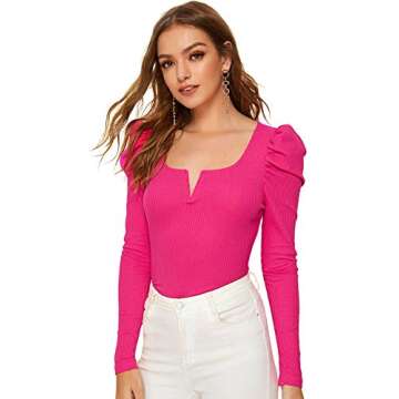 Floerns Women's Casual Notch V Neck Long Sleeve Knit Tee Shirt Tops Pink M